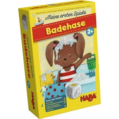 Caixa de jogo infantil Badehase com ilustração de coelho na banheira e patinho amarelo