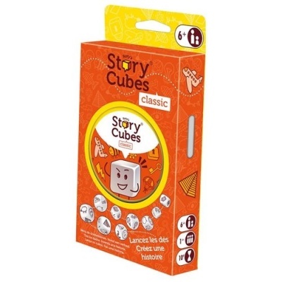 Embalagem laranja do jogo Story Cubes Classic com dados ilustrados
