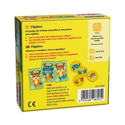Caixa amarela do jogo Flipkins com texto e imagens das peças do jogo