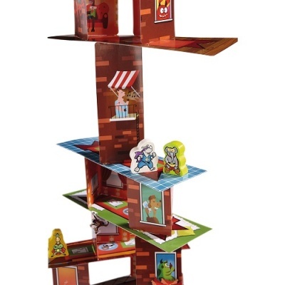 Jogo de construção de cartão com ilustrações coloridas e duas peças destacadas azul claro e amarelo