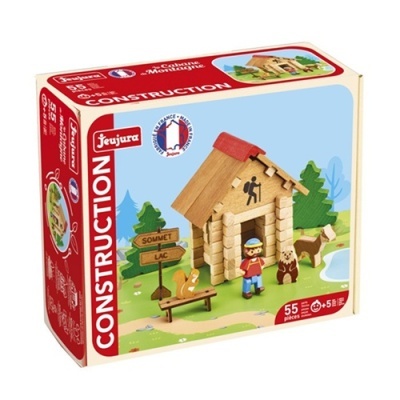 Caixa de brinquedo de construção de madeira com modelo de casa, figura humana e animais