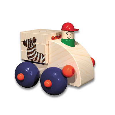 Carrinho de madeira com figura humana e caixa decorada com zebra