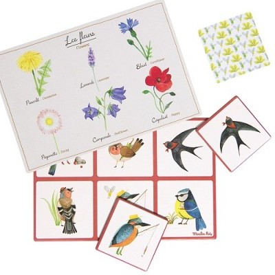 Jogo de cartas memoria com imagens de passáros e flores e cartão de instruções em francês