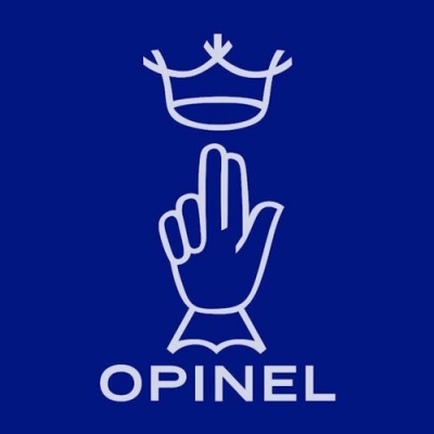 Logotipo OPINEL com mão estilizada e coroa em fundo azul