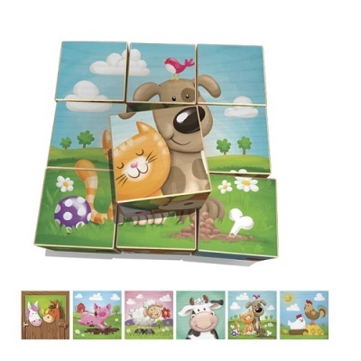 Blocos de madeira com desenho de gato e cão em cenário campestre colorido