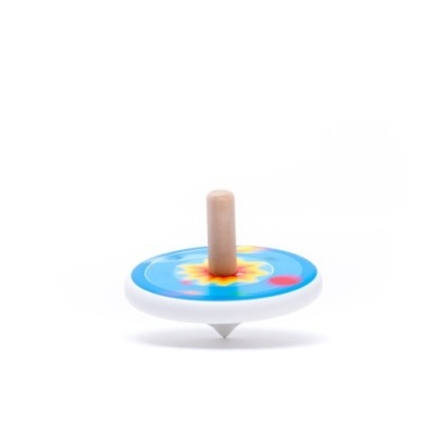 Roda-peão de madeira azul com flor amarela e vermelha