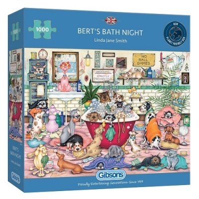 Caixa de puzzle 1000 peças BERT'S BATH NIGHT com desenho de cães num banheiro decorado