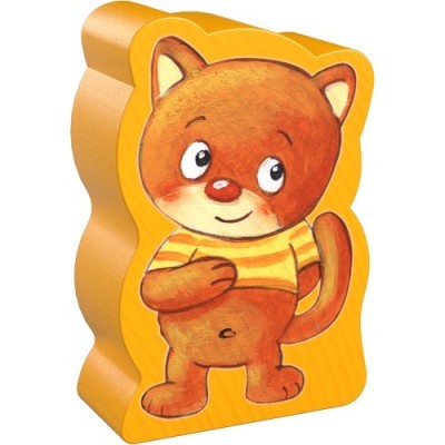 Caixa decorativa amarelo vivo com desenho de personagem animal castanho de camisa às riscas.