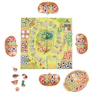 Tabuleiro de jogo com peças coloridas e figuras humanas em miniatura em cestas ao redor.