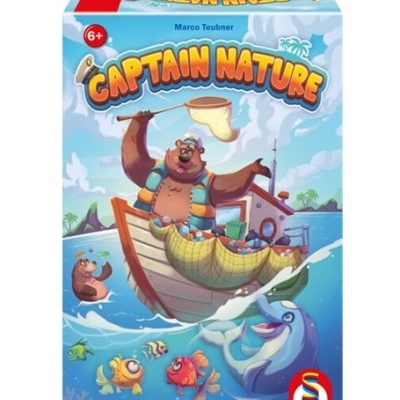 Embalagem do jogo de tabuleiro Captain Nature com urso pescando num barco e peixes no mar