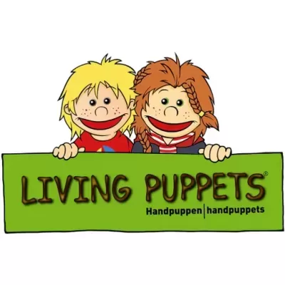 Duas marionetas de mão segurando placa verde com texto LIVING PUPPETS