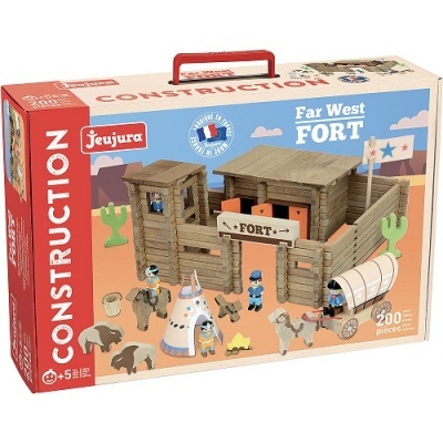 Caixa de construção Far West Fort com 200 peças e acessórios em madeira, cores naturais e embalagem retangular com alça vermelha