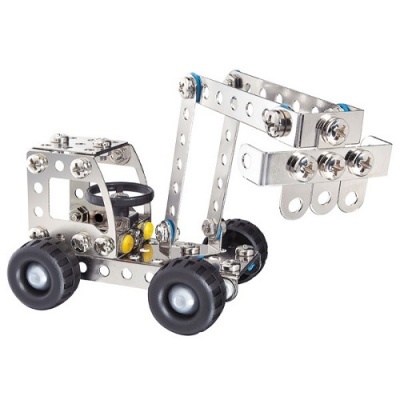 Modelo de empilhadora metálica com rodas pretas em fundo branco