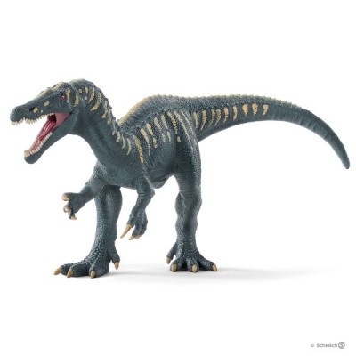 Boneco de dinossauro cinza com riscas amarelas e boca aberta