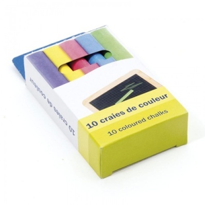 Caixa de 10 giz de cor em várias cores com embalagem verde, branca e azul