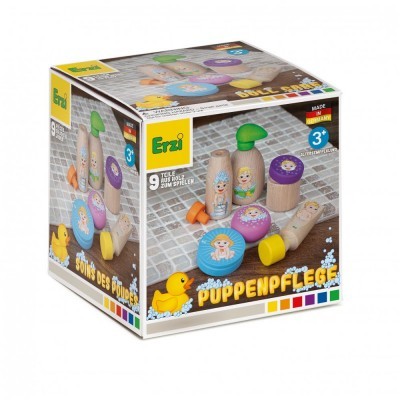 Caixa de jogo de brinquedo de madeira com 9 peças coloridas para cuidado de bonecas