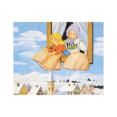 Ilustração de duas mulheres em vestidos xadrez cor de laranja saindo de uma janela sobre uma vila nevada