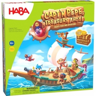 Jogo de tabuleiro HABA com barco pirata e personagens coloridos no mar