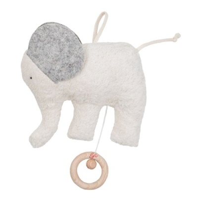 Elefante de peluche branco com orelhas cinzentas e anel de madeira