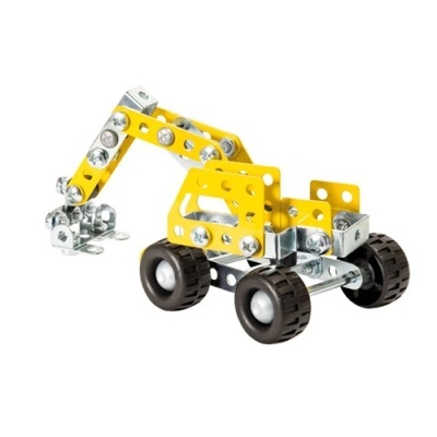 Modelo brinquedo de escavadora metálica amarela e prateada com rodas pretas