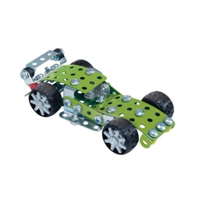 Modelo de carro de metal verde com rodas pretas e parafusos visíveis