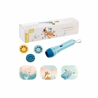 Lanterna azul clara com discos de projeção coloridos e caixa de embalagem com ilustrações coloridas