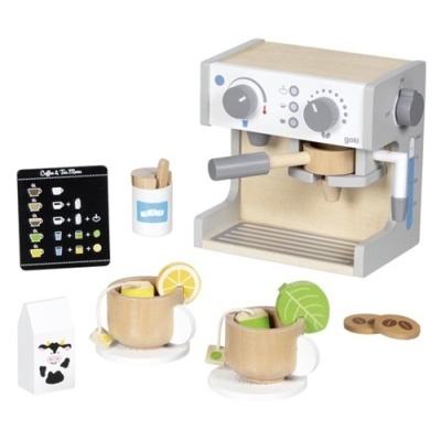 Brinquedo de máquina de café expresso com acessórios em madeira coloridos