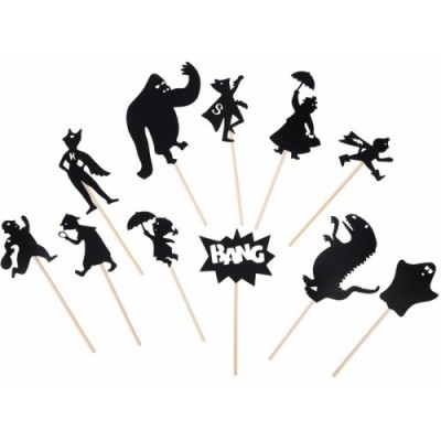 Silhuetas pretas de personagens em pauzinhos de madeira para decoração