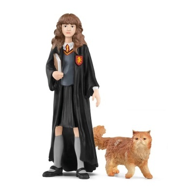 Figura de Hermione Granger com uniforme escolar e gato castanho