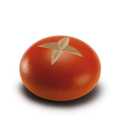 Tomate vermelho com uma estrela castanha no topo sobre fundo branco