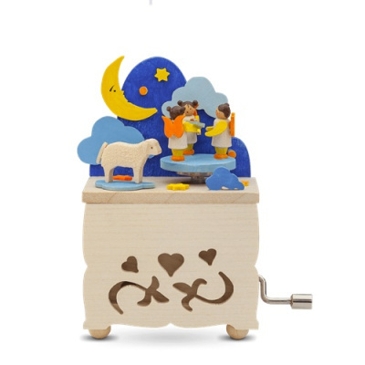 Caixa de música de madeira com figuras coloridas de ursos, lua e ovelha e manivela lateral