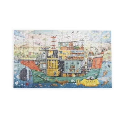 Quebra-cabeças com ilustração detalhada de barco colorido e vida marinha