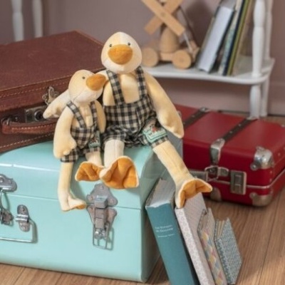 Duas peluches de pato sentadas sobre mala azul clara com malas e livros ao fundo