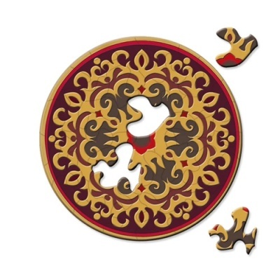 quebra-cabeça circular colorido com padrão decorativo e duas peças soltas