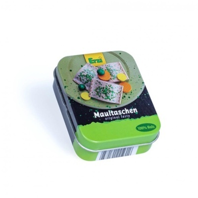Lata metálica verde e preta com imagem de Maultaschen e texto do produto