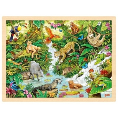 Puzzle de madeira colorido com animais da floresta tropical