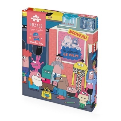 Caixa colorida de puzzle com personagens animados e textos em francês