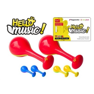 instrumentos musicais infantis coloridos com embalagem e texto HELLO music!