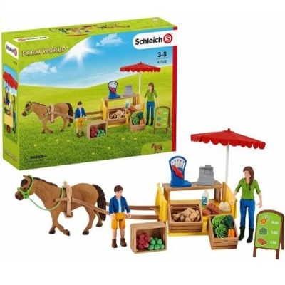 Brinquedo Schleich Farm World com cavalo, figuras humanas, banca de frutas e legumes e guarda-sol vermelho
