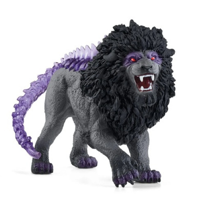 Figura de leão cinzento com juba preta e cauda roxa translúcida