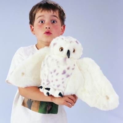 Criança a segurar brinquedo de pelúcia coruja branca com asas abertas