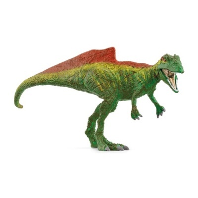Figura de dinossauro Spinosaurus verde com detalhes em vermelho e amarelo