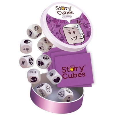 Conjunto STORY CUBES MYSTERY com dados ilustrados, caixa redonda e livreto roxo
