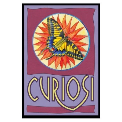 Pôster com borboleta sobre flor e texto CURIOSI