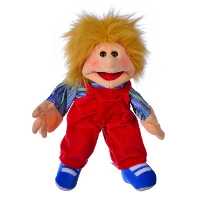 Marioneta de mão com cabelo amarelo e roupa colorida