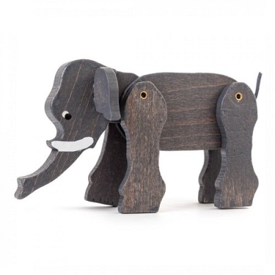 Figura de elefante de madeira escura com patas e cabeça articuladas
