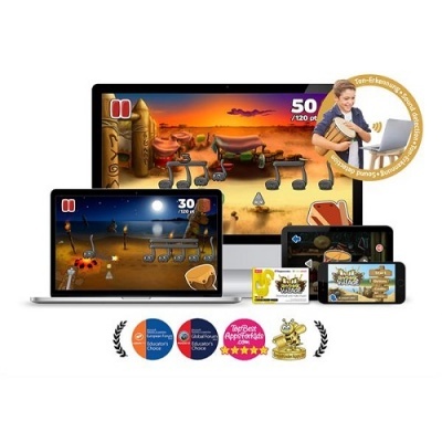 Interface de jogos educativos musicais em laptops e smartphones com prémios destacados