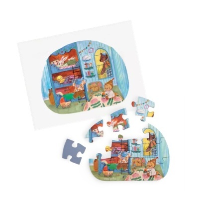 Quebra-cabeça infantil colorido com cenário de quarto e gatos