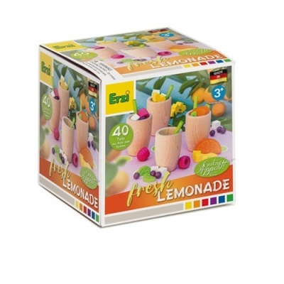 Caixa de brinquedo Erzi Fresh Lemonade com copos de madeira e frutas coloridas