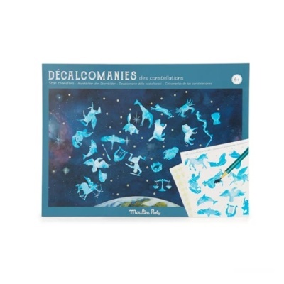 Decalcómnias constelações em caixa azul escura com pincel e folhas ilustradas